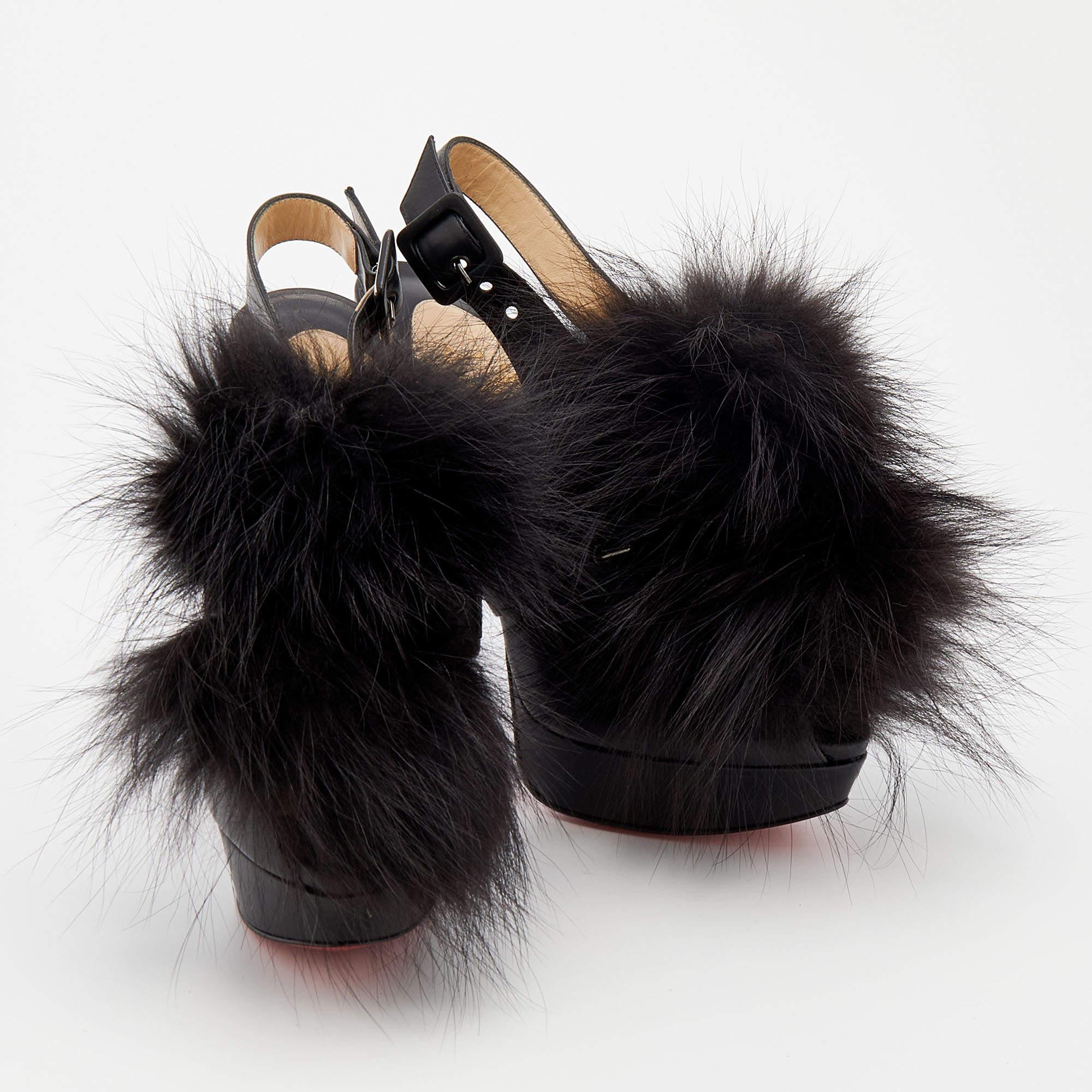 Women's Christian Louboutin Black Leather Splash Fur Peep Toe Platform Sandals Size 39