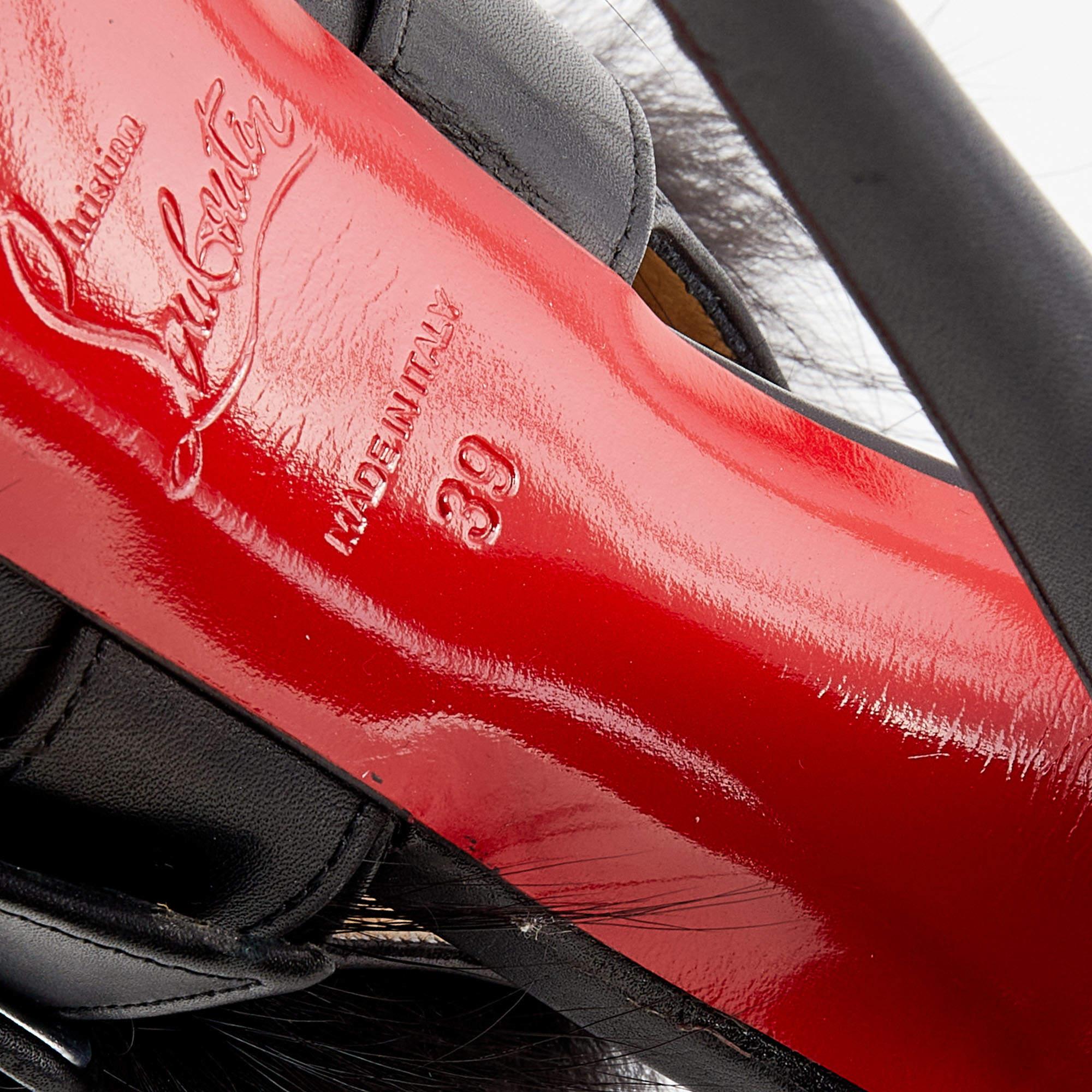 Christian Louboutin Black Leather Splash Fur Peep Toe Platform Sandals Size 39 2