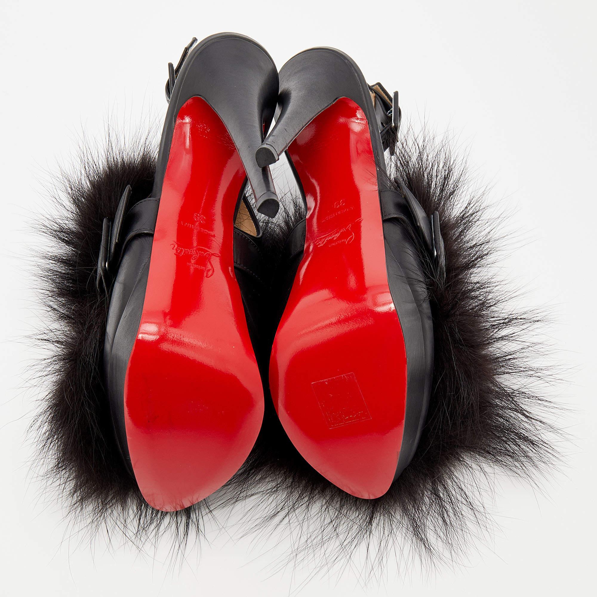 Christian Louboutin Black Leather Splash Fur Peep Toe Platform Sandals Size 39 3