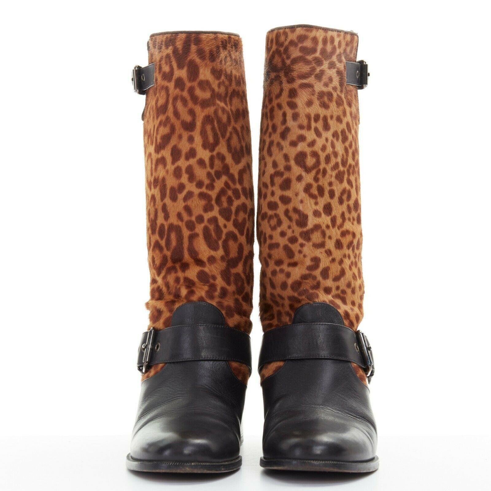 Brown CHRISTIAN LOUBOUTIN black leather split vamp leopard point toe cap pumps EU36