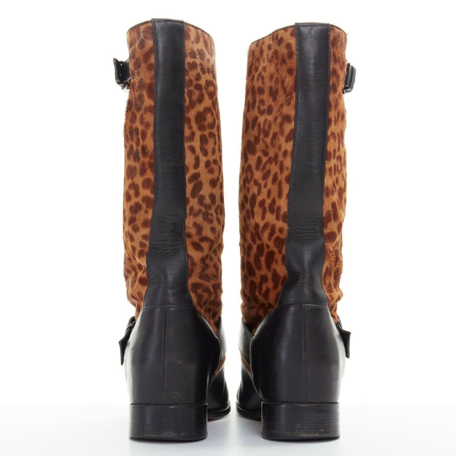 Women's CHRISTIAN LOUBOUTIN black leather split vamp leopard point toe cap pumps EU36