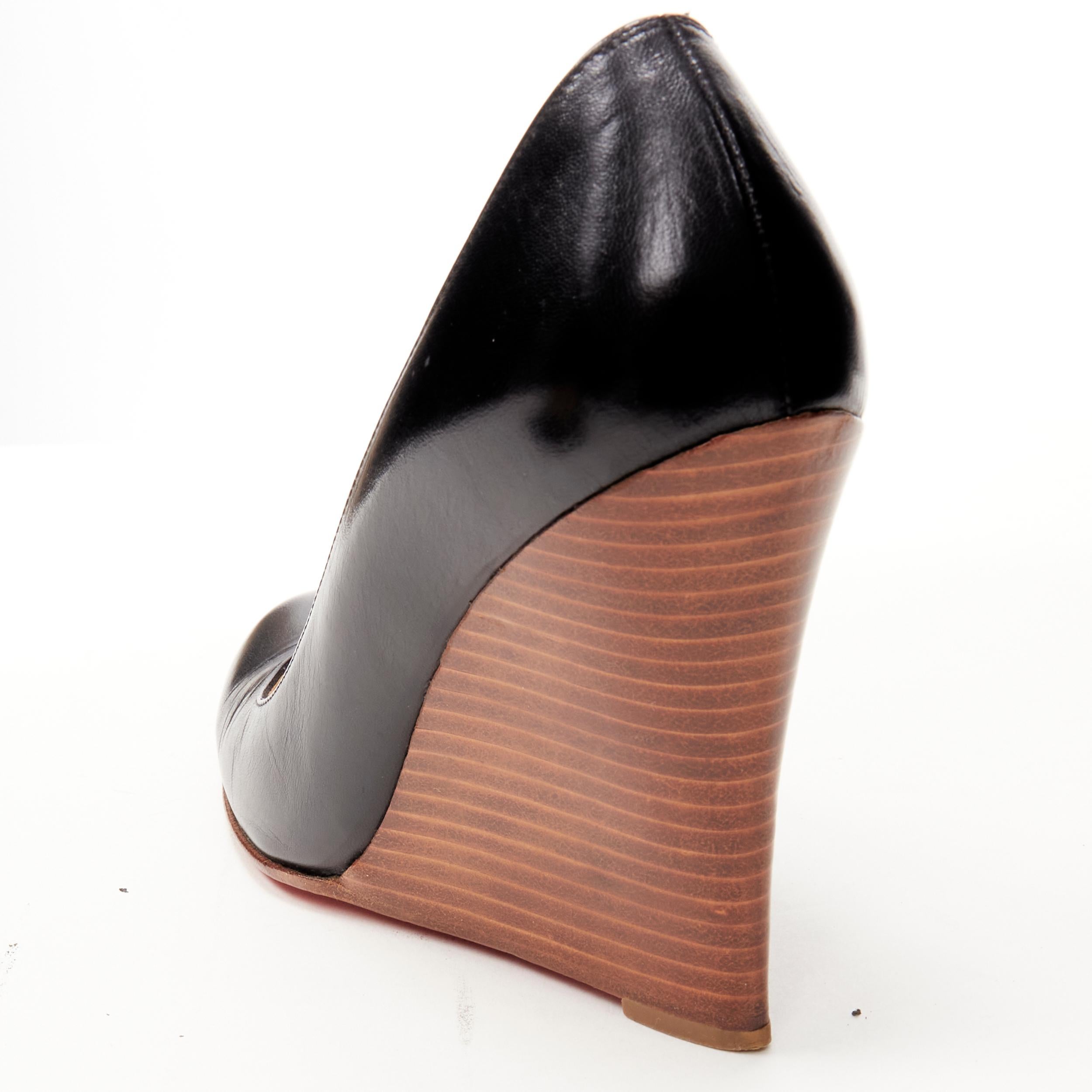 CHRISTIAN LOUBOUTIN black leather stacked wooden wedge heel EU37.5 1