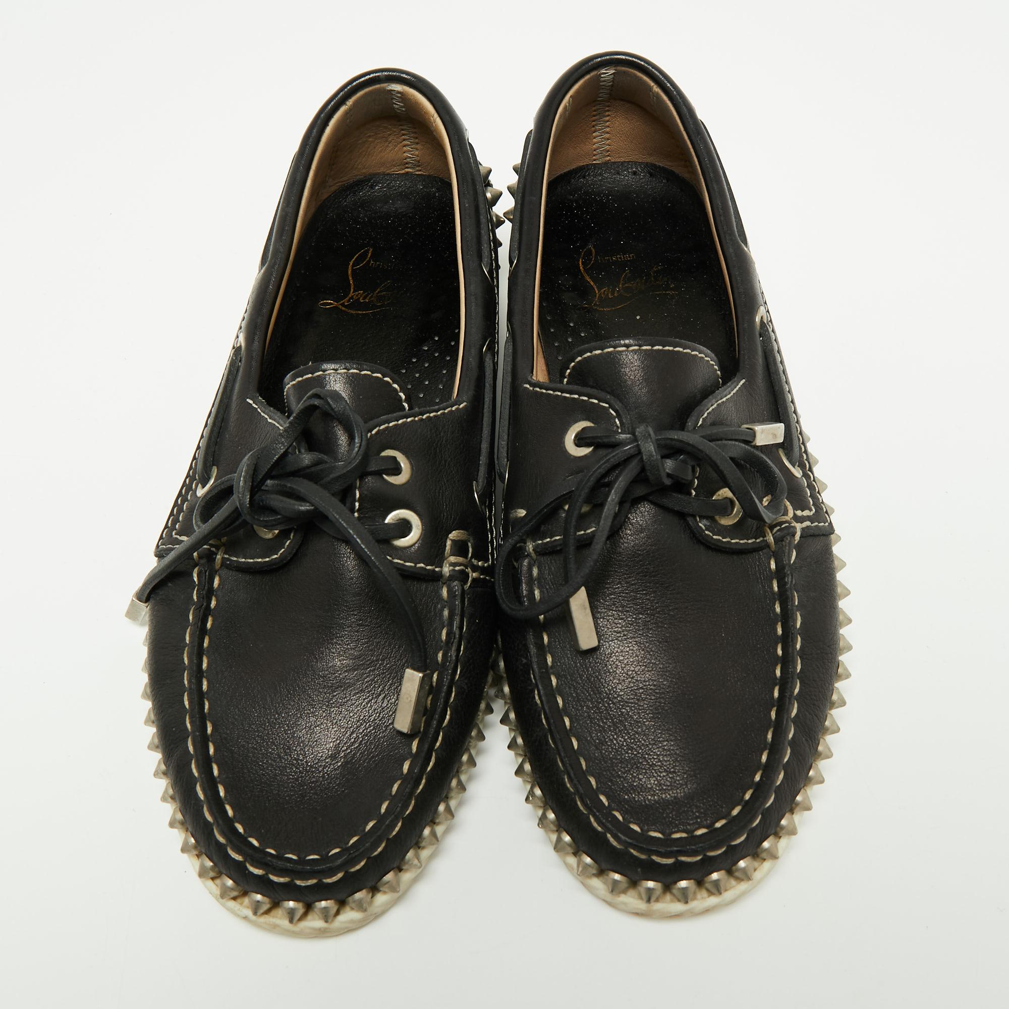 Christian Louboutin Black Leather Steckel Boat Loafers Size 35.5 In Good Condition In Dubai, Al Qouz 2