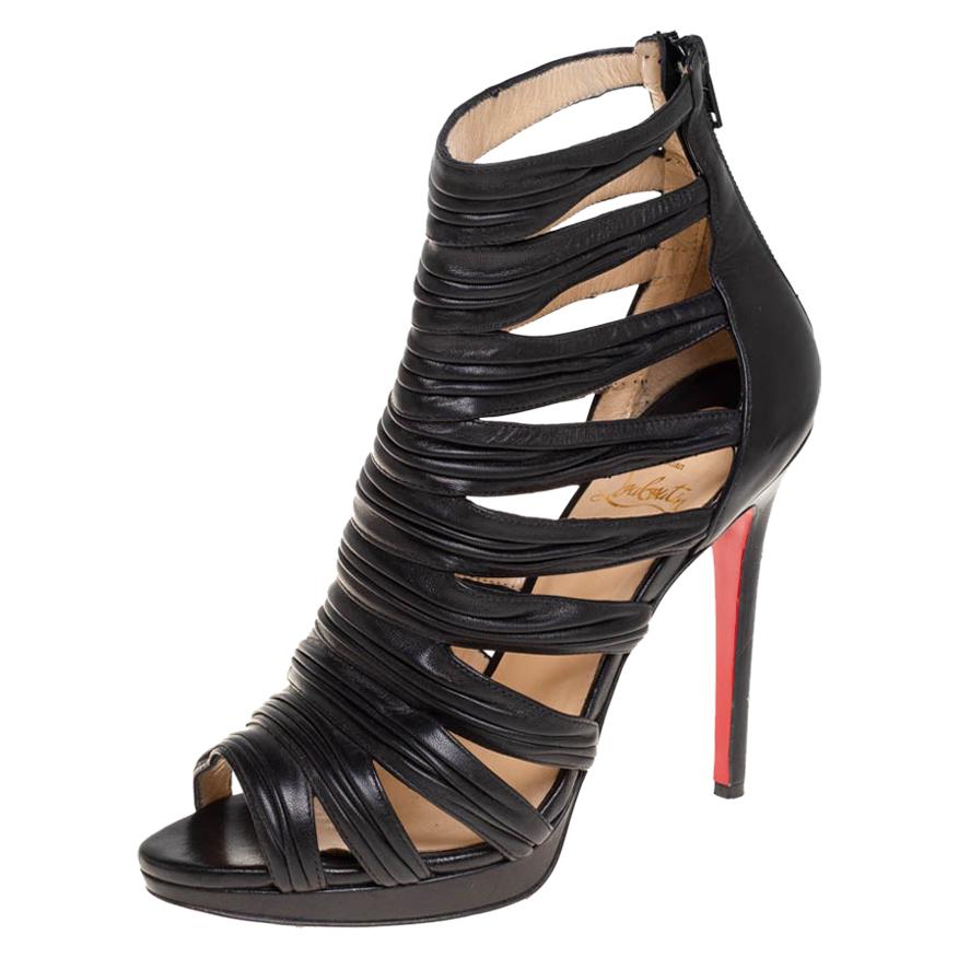 Christian Louboutin Black Leather Strappy Open Toe Ankle Bootie Size 38.5