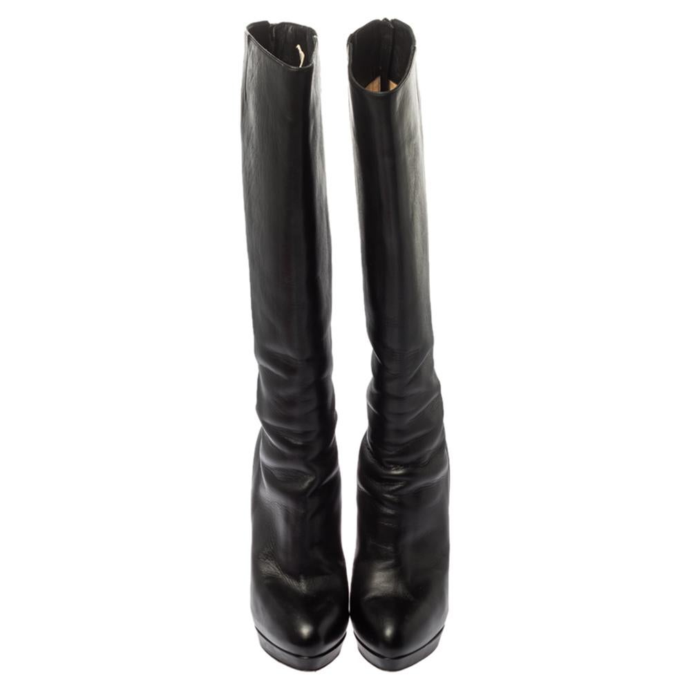 Christian Louboutin Black Leather Structural Knee Boots Size 40.5 In Good Condition In Dubai, Al Qouz 2