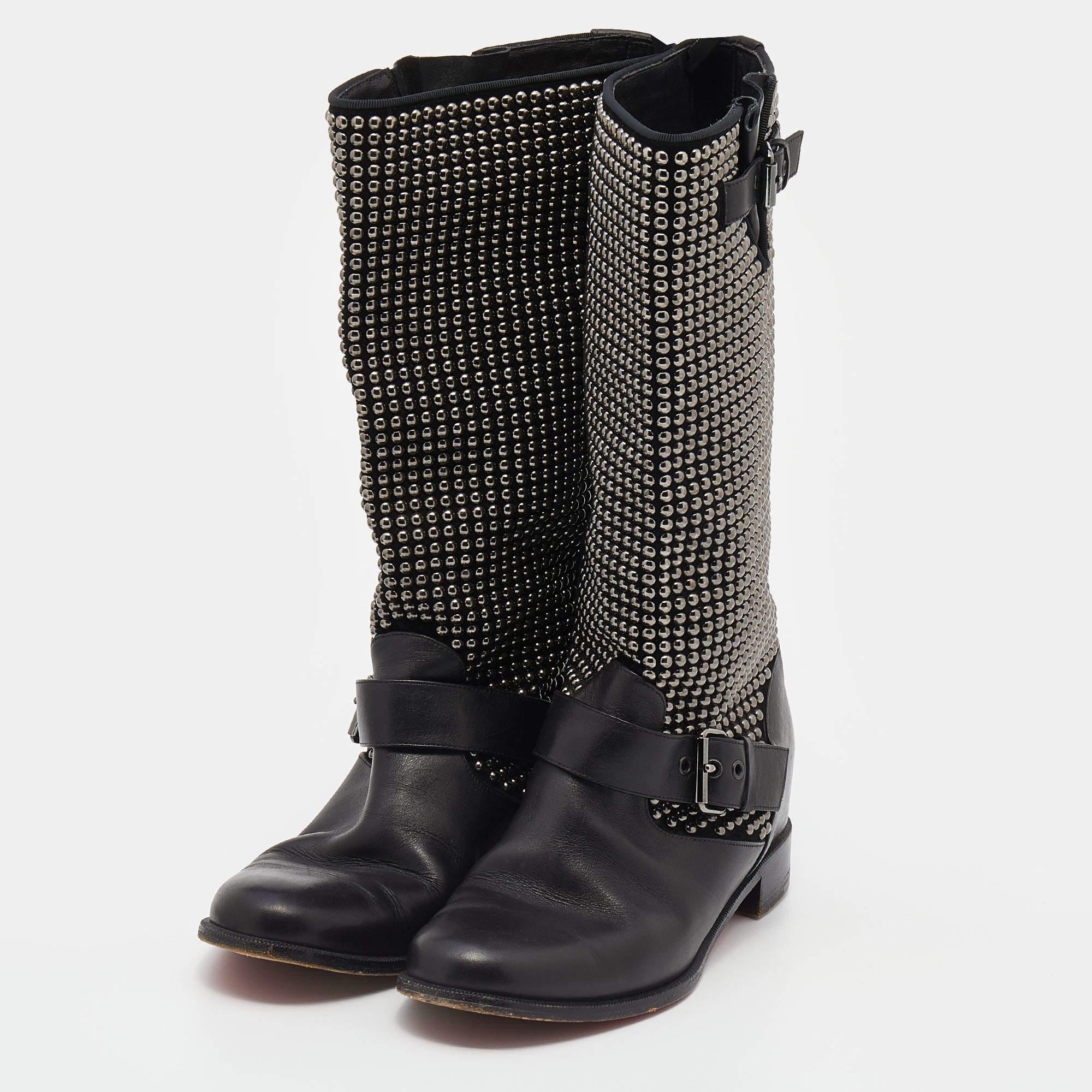 Women's Christian Louboutin Black Leather Studded Buckle Detail Mid Calf Boots Size 38