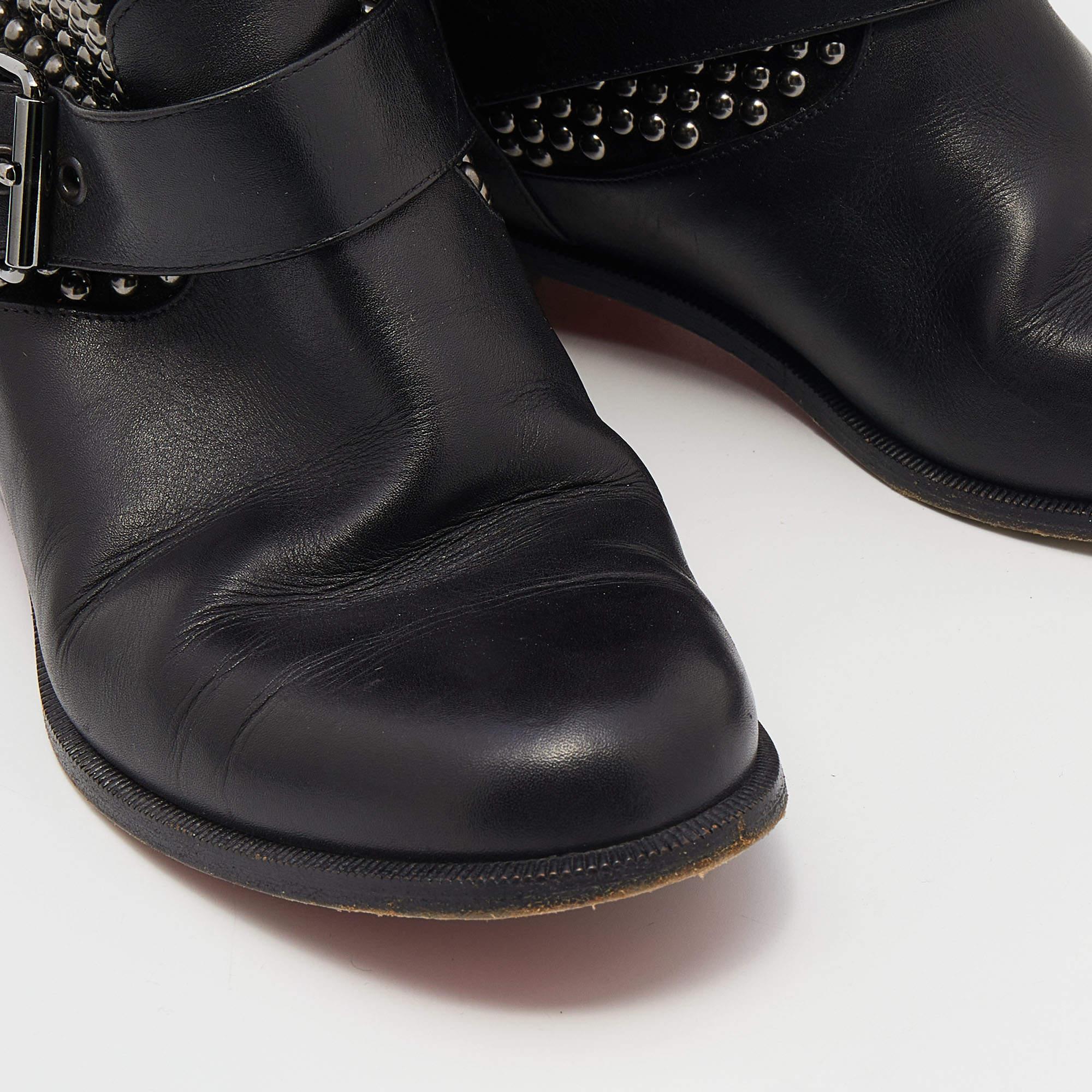 Christian Louboutin Black Leather Studded Buckle Detail Mid Calf Boots Size 38