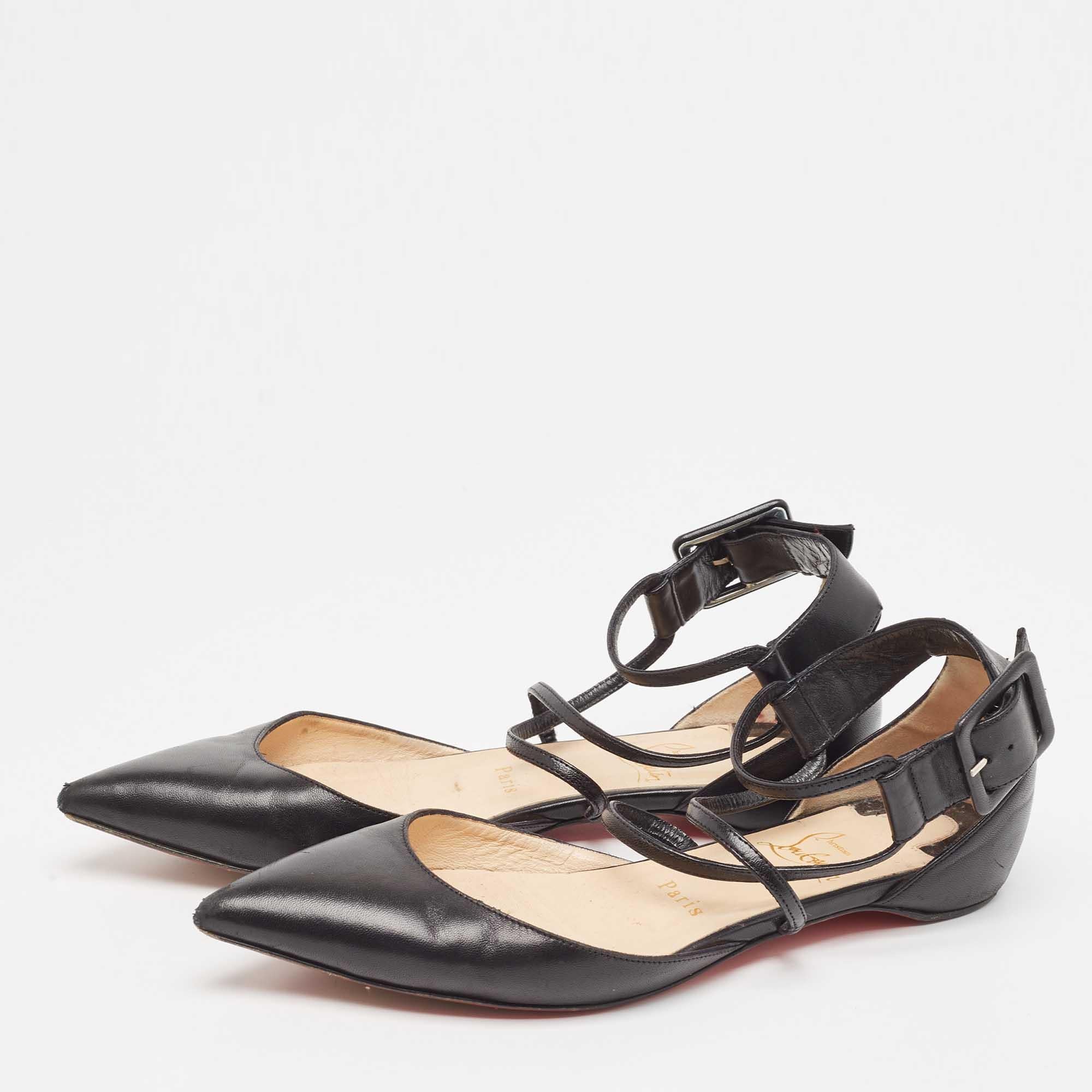 Christian Louboutin Black Leather Suzanna Ankle Strap Flats Size 37.5 For Sale 5