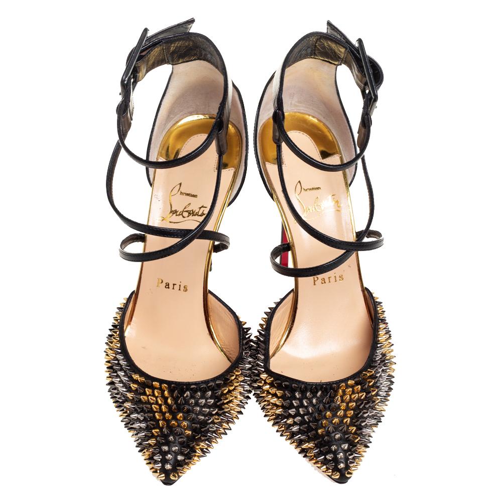 You are sure to love these amazing sandals from Christian Louboutin as they're well-built and utterly gorgeous! They've been crafted from black leather and patent leather and designed with pointed toes that are embellished with multiple spikes,