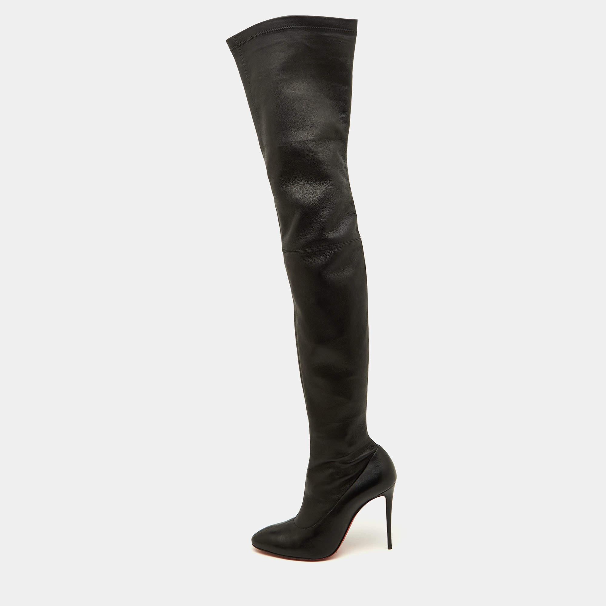 Stun the crowd when you wear these monice thigh high boots by Christian Louboutin. These edgy and classy boots are made from suede and feature 10.5cm heels. Team them up with a mini skirt and a leather jacket or with a short dress.

Includes: