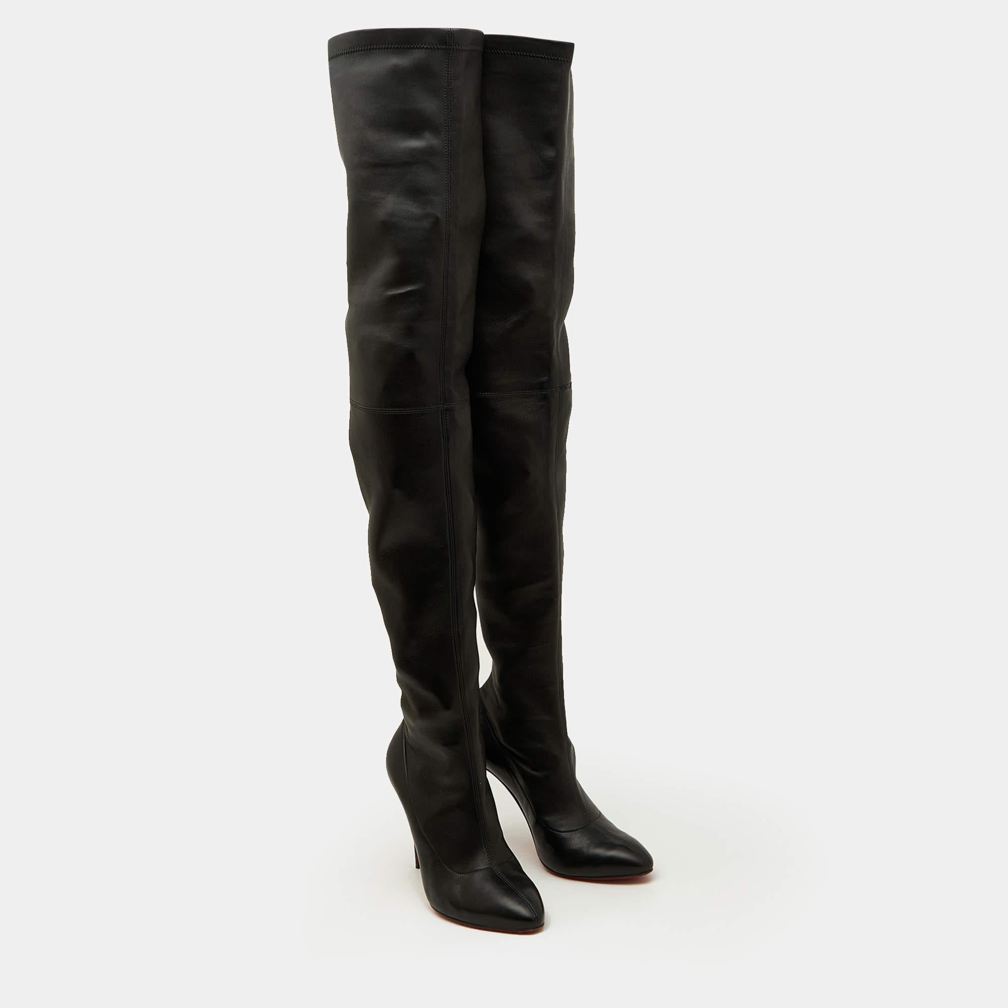 Christian Louboutin Black Leather Thigh High Boots Size 38 In Good Condition In Dubai, Al Qouz 2