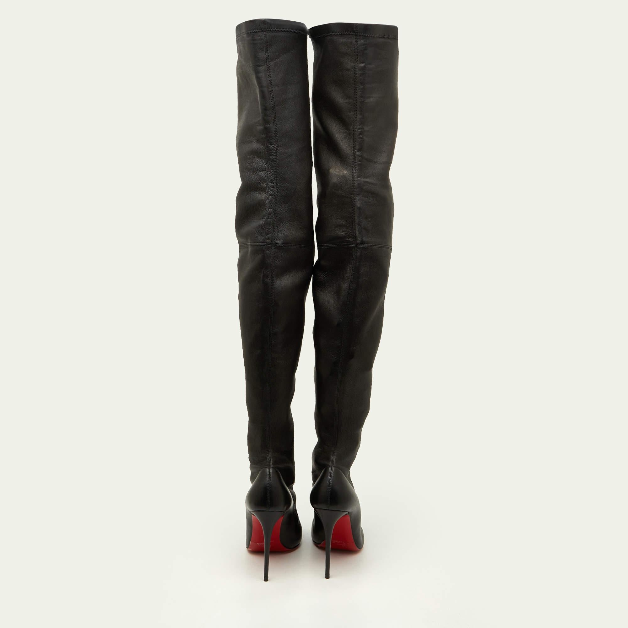 Women's Christian Louboutin Black Leather Thigh High Boots Size 38