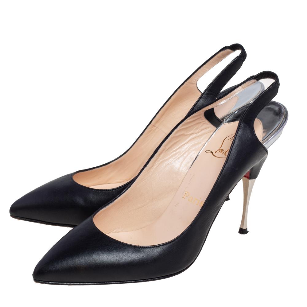 A simple pointed-toe slingback pump covered in black leather and elevated on a slim heel brings out the charm of this Christian Louboutin design. The shoes are carefully fashioned to ensure every step you take is comfortable and stylish.

Includes:
