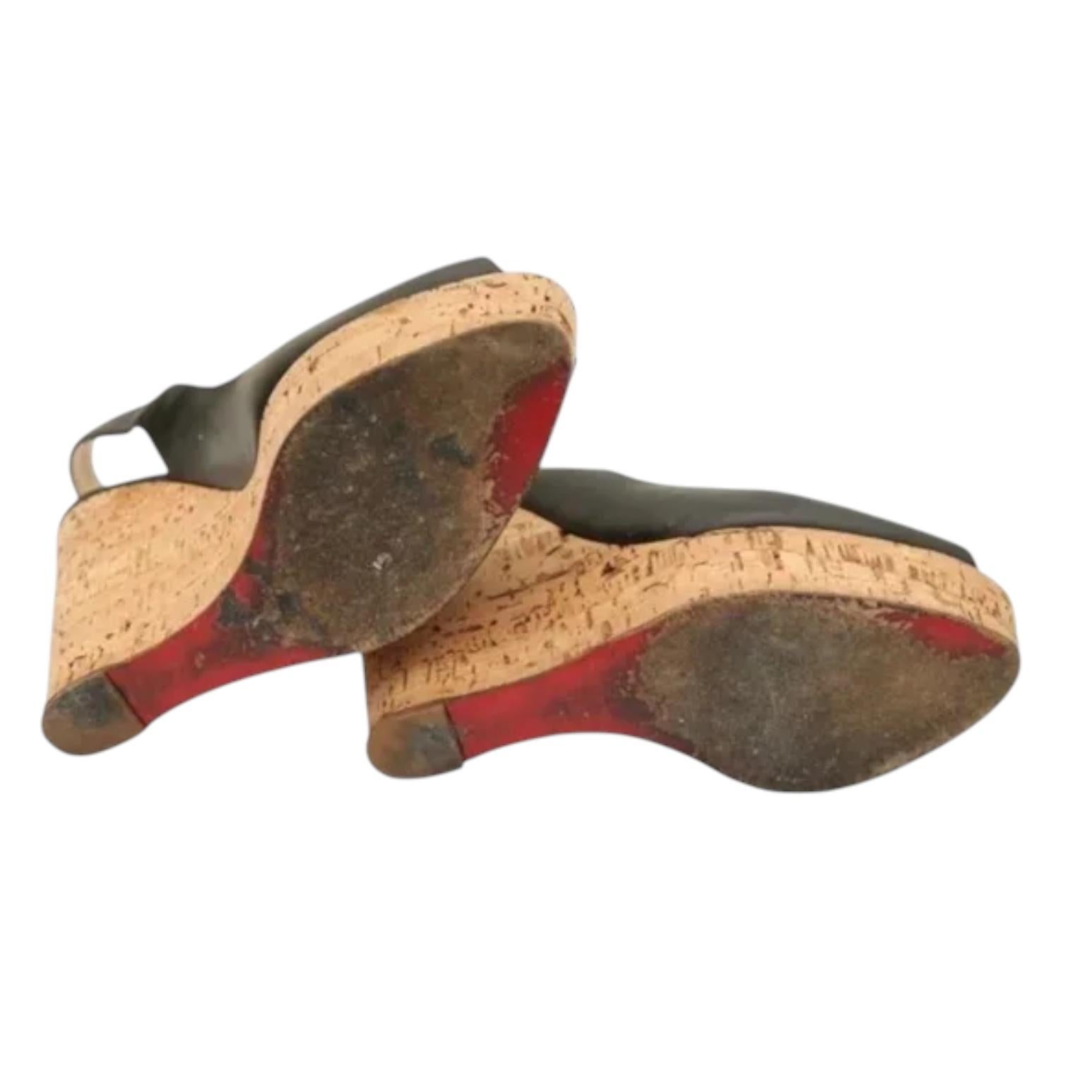 CHRISTIAN LOUBOUTIN Black Leather UNE PLUME SLING Wedge Platform Cork 120 Sz 38 For Sale 5