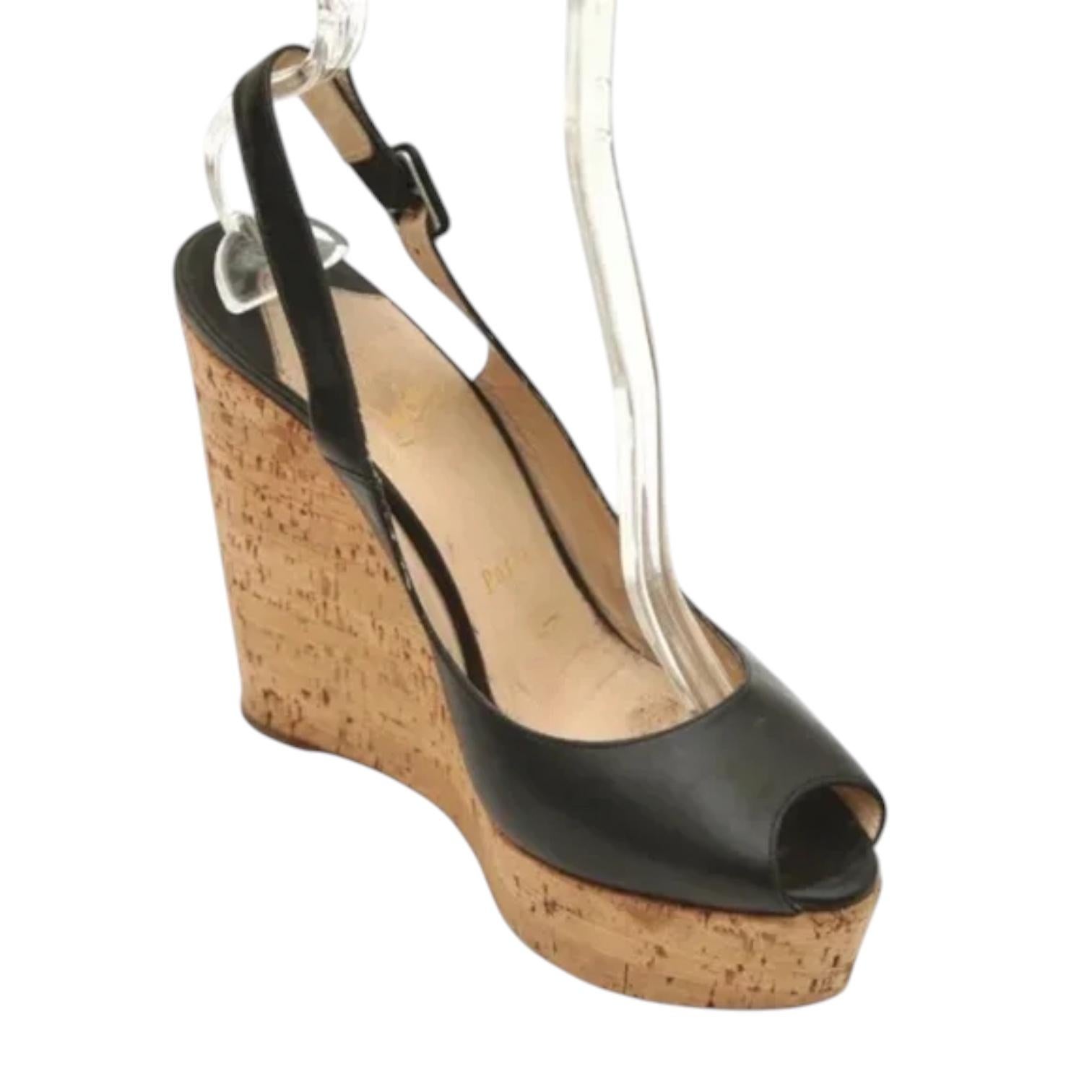 CHRISTIAN LOUBOUTIN Black Leather UNE PLUME SLING Wedge Platform Cork 120 Sz 38 For Sale 7
