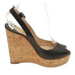CHRISTIAN LOUBOUTIN Black Leather UNE PLUME SLING Wedge Platform Cork 120 Sz 38