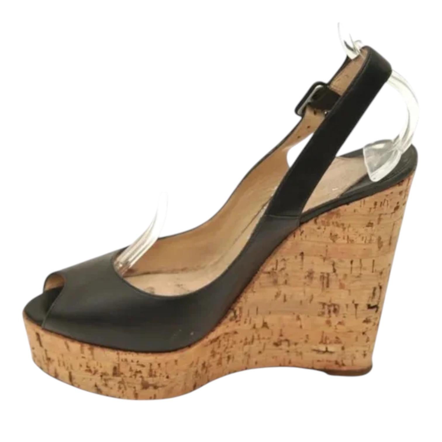 Brown CHRISTIAN LOUBOUTIN Black Leather UNE PLUME SLING Wedge Platform Cork 120 Sz 38 For Sale