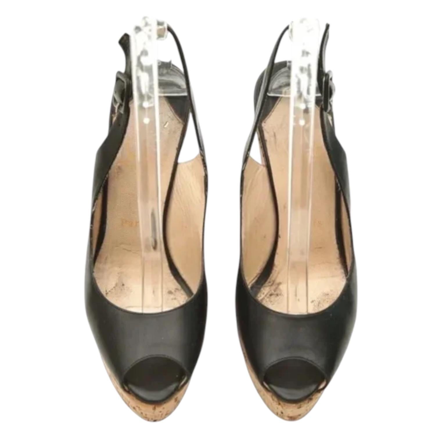 Women's CHRISTIAN LOUBOUTIN Black Leather UNE PLUME SLING Wedge Platform Cork 120 Sz 38 For Sale