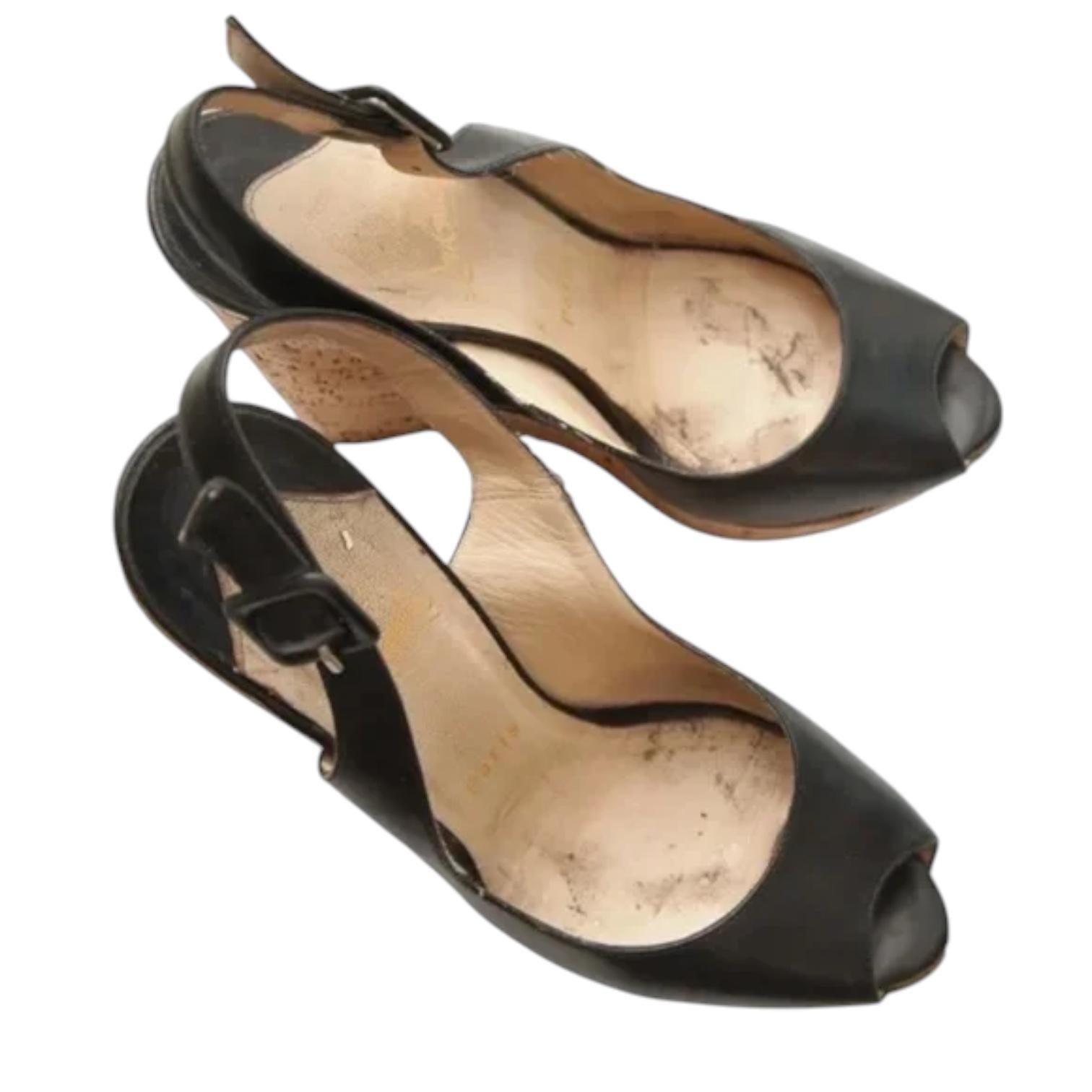 CHRISTIAN LOUBOUTIN Black Leather UNE PLUME SLING Wedge Platform Cork 120 Sz 38 For Sale 1