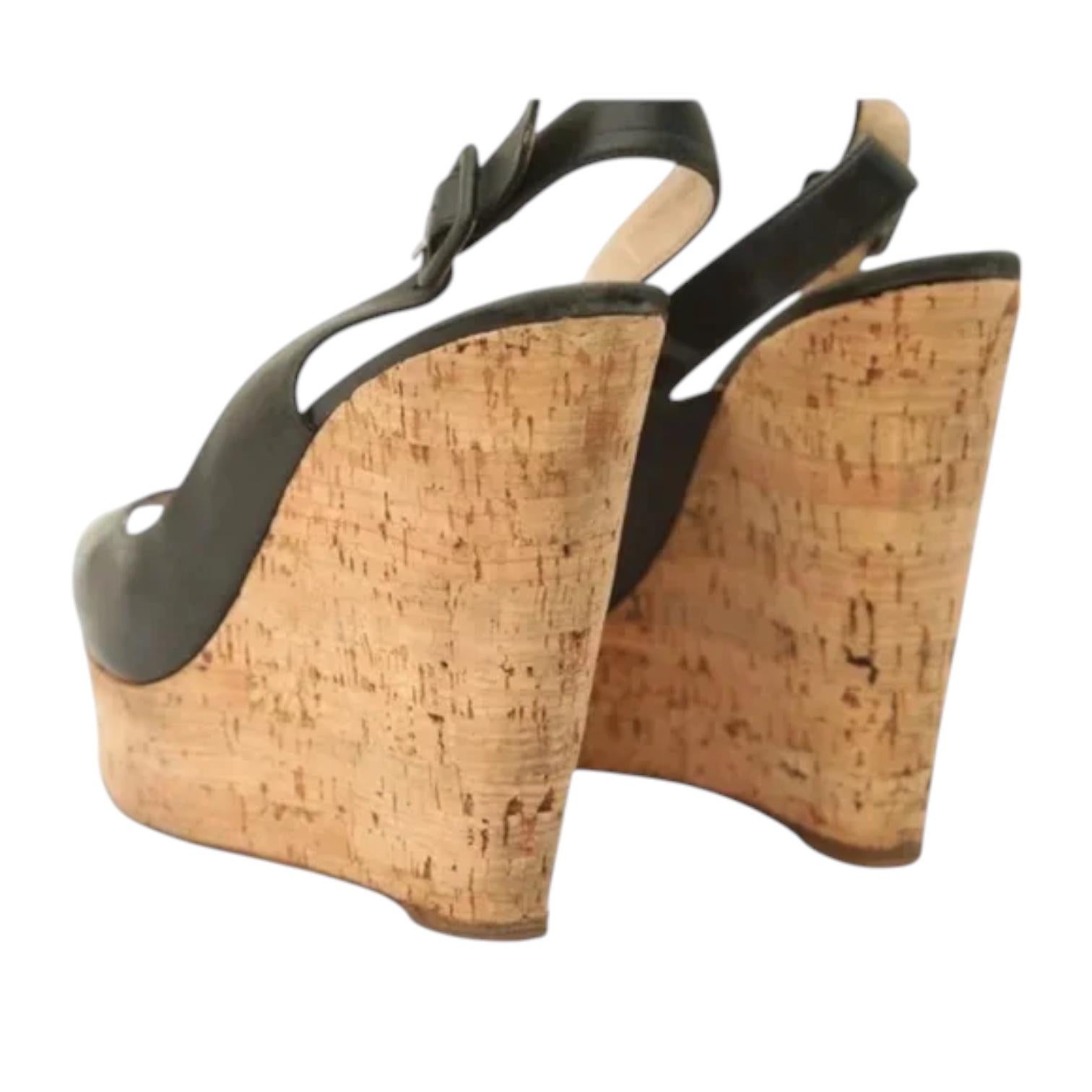 CHRISTIAN LOUBOUTIN Black Leather UNE PLUME SLING Wedge Platform Cork 120 Sz 38 For Sale 2