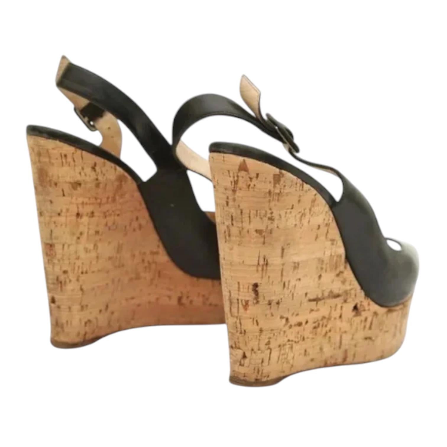 CHRISTIAN LOUBOUTIN Black Leather UNE PLUME SLING Wedge Platform Cork 120 Sz 38 For Sale 4