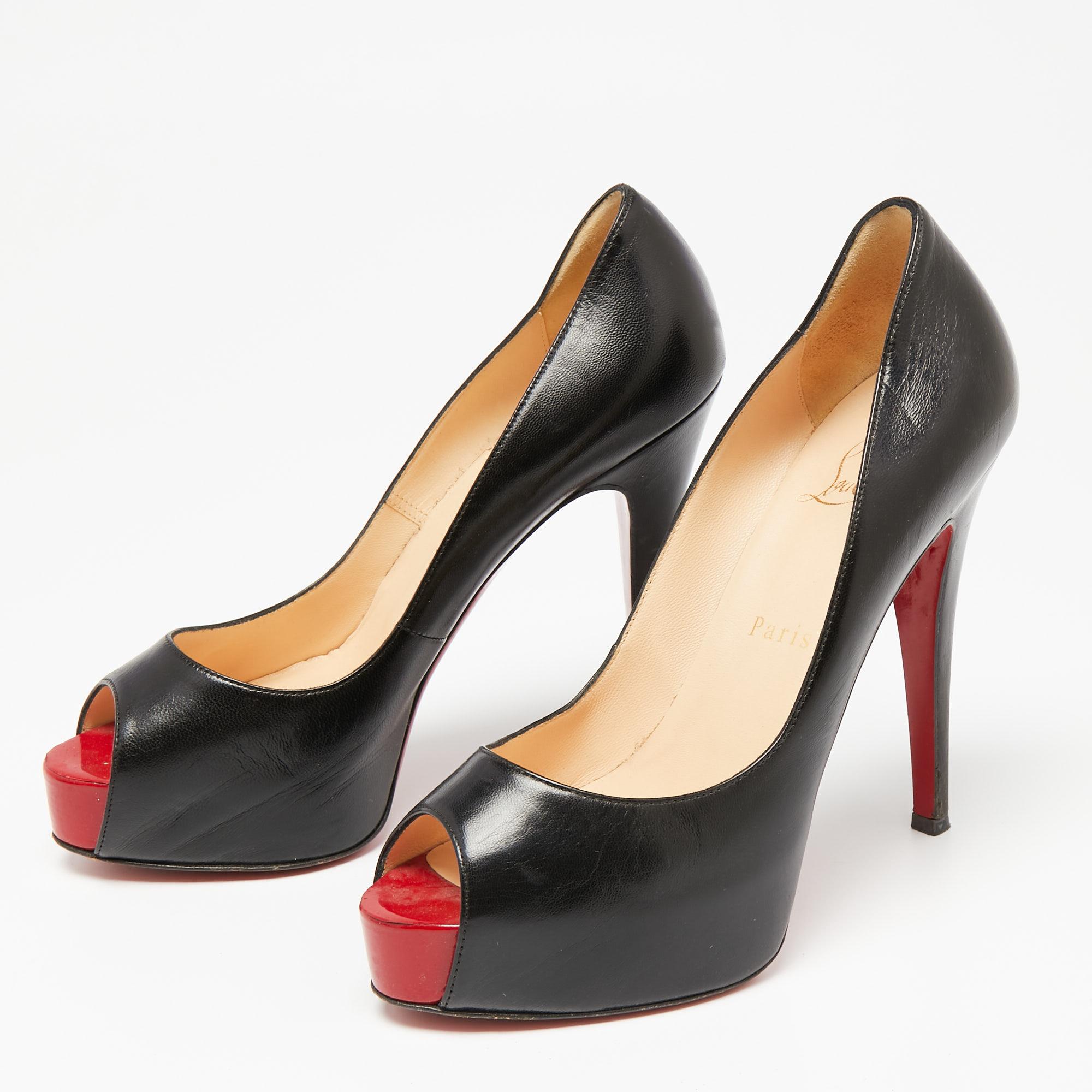 Christian Louboutin Black Leather Very Prive Peep-Toe Pumps Size 37 For Sale 1