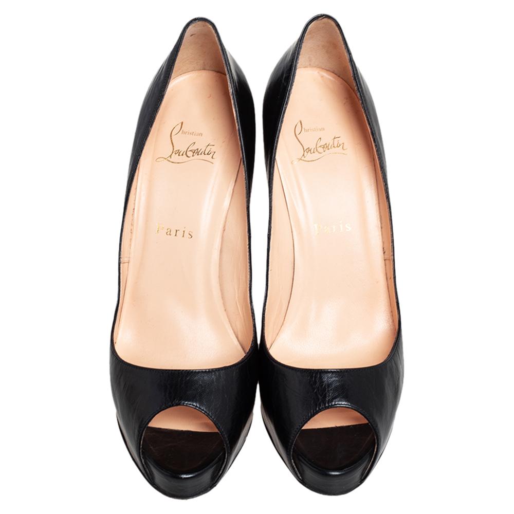 Christian Louboutin Black Leather Very Prive Peep Toe Pumps Size 38.5 For Sale 2