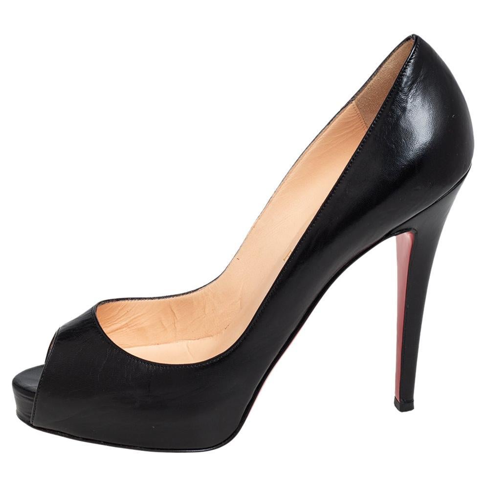Christian Louboutin Black Leather Very Prive Peep Toe Pumps Size 38.5 For Sale