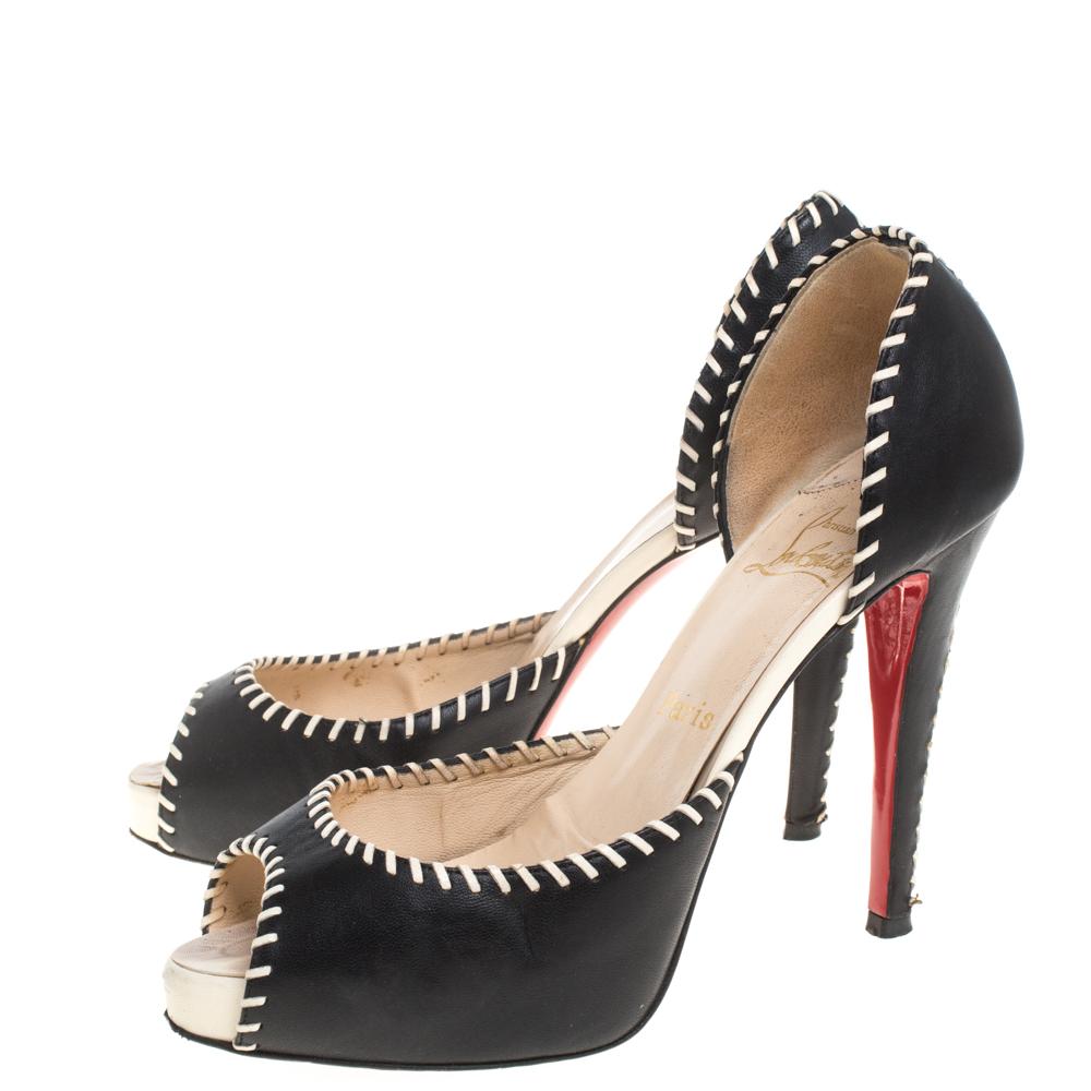 Christian Louboutin Black Leather Whipstitch Peep Toe D'Orsay Pumps Size 39.5 1