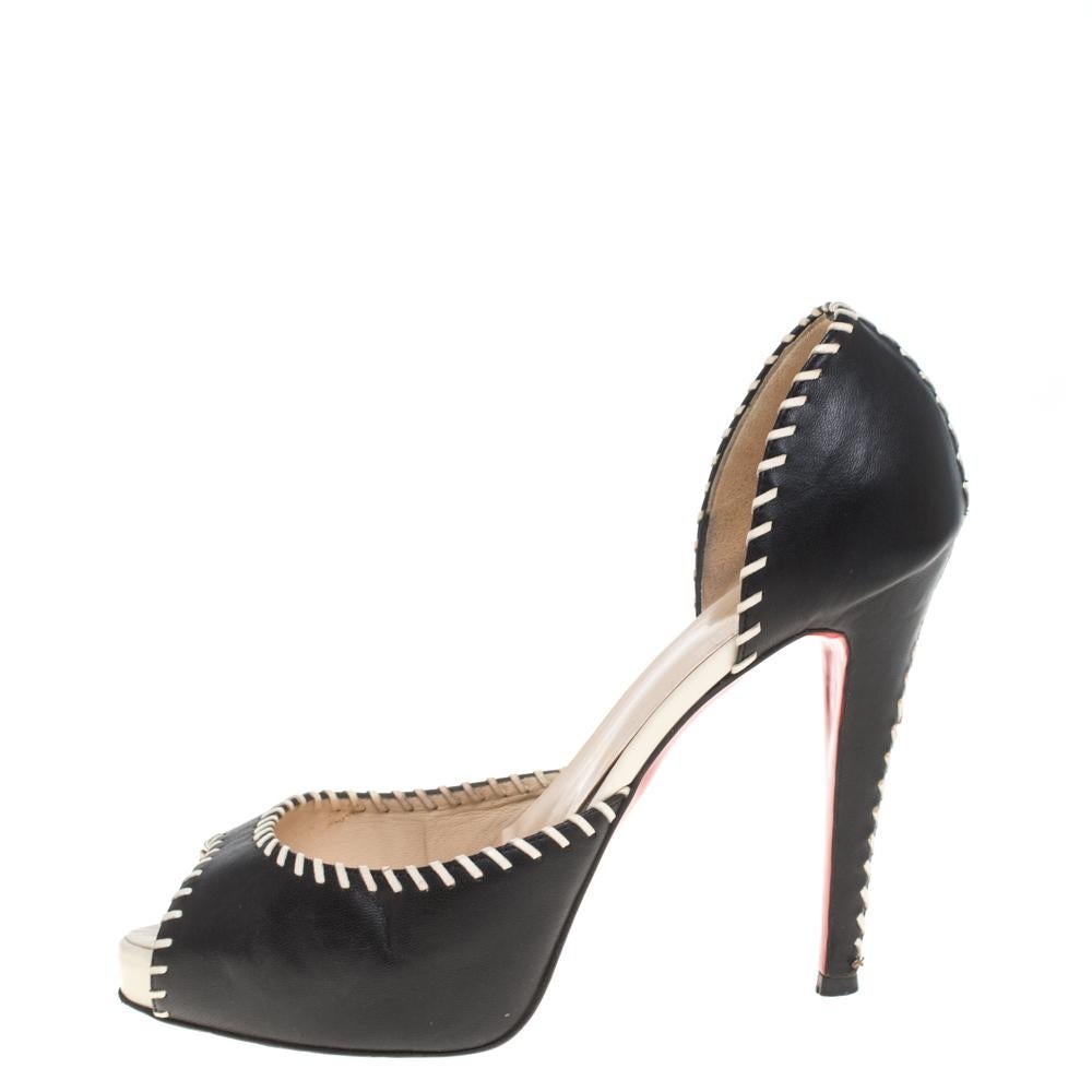 Christian Louboutin Black Leather Whipstitch Peep Toe D'Orsay Pumps Size 39.5 2
