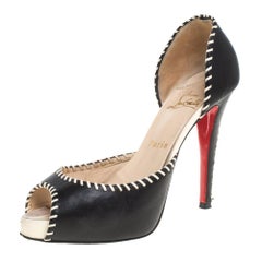 Christian Louboutin Black Leather Whipstitch Peep Toe D'Orsay Pumps Size 39.5