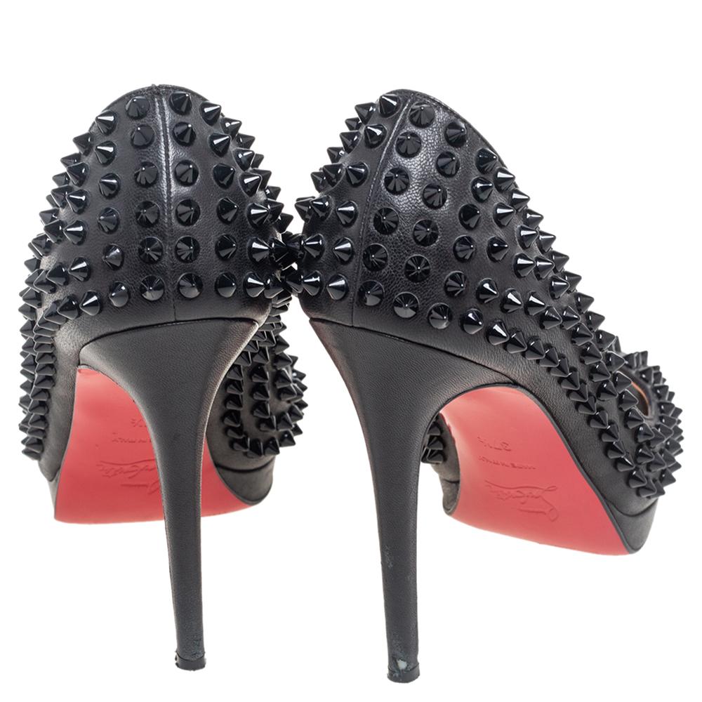 Women's Christian Louboutin Black Leather Yolanda Spikes Peep Toe Pumps Size 37.5 For Sale