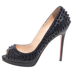 Christian Louboutin Black Leather Yolanda Spikes Peep Toe Pumps Size 37.5