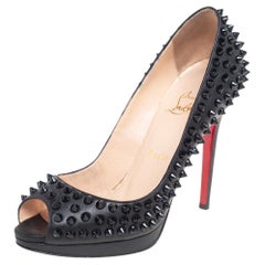 Christian Louboutin Black Leather Yolanda Spikes Peep Toe Pumps Size 37.5