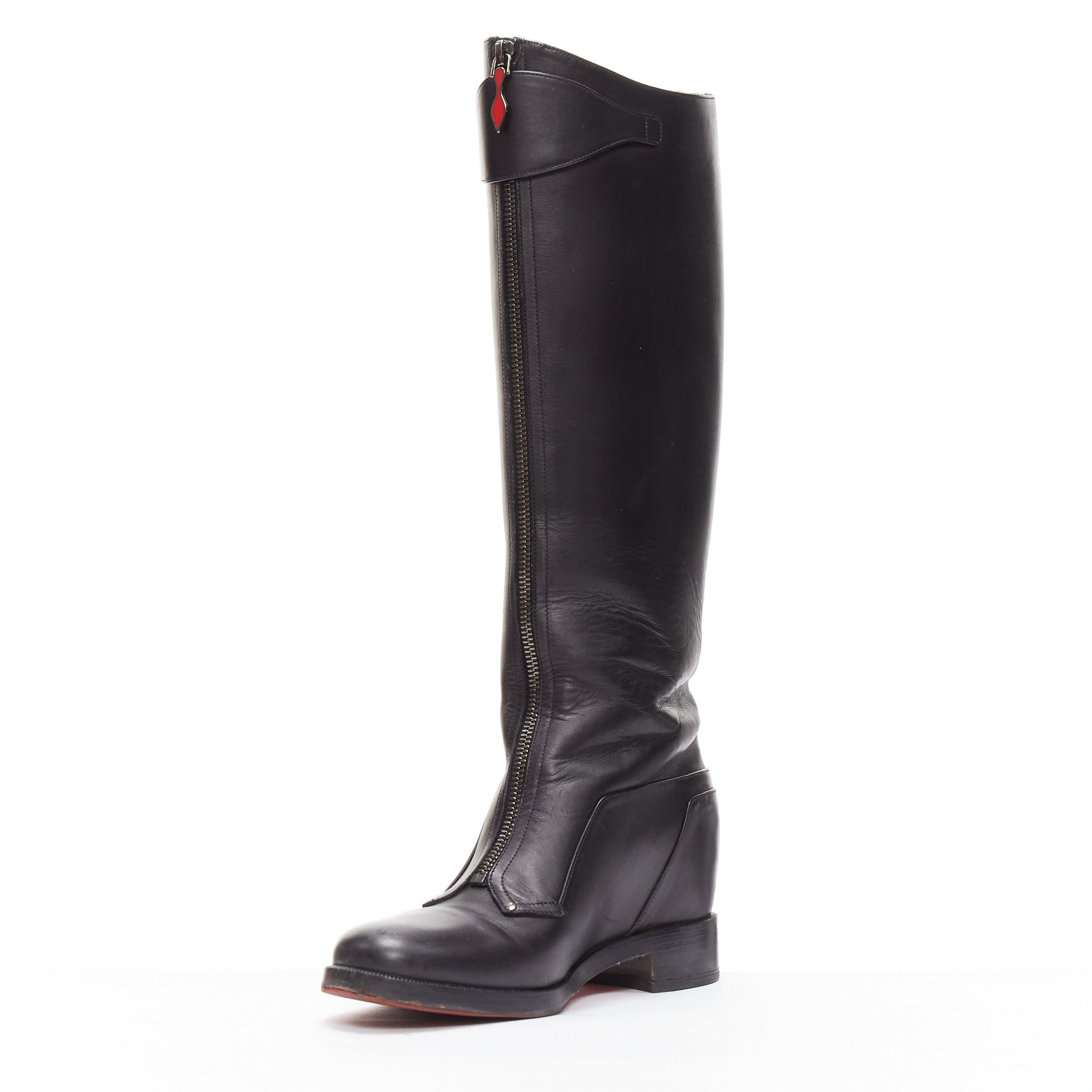 CHRISTIAN LOUBOUTIN black leather zip front concealed wedge riding boot EU40 For Sale 1