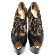 Christian Louboutin Black Leopard Print Lame Fabric and Patent Leather Size 38