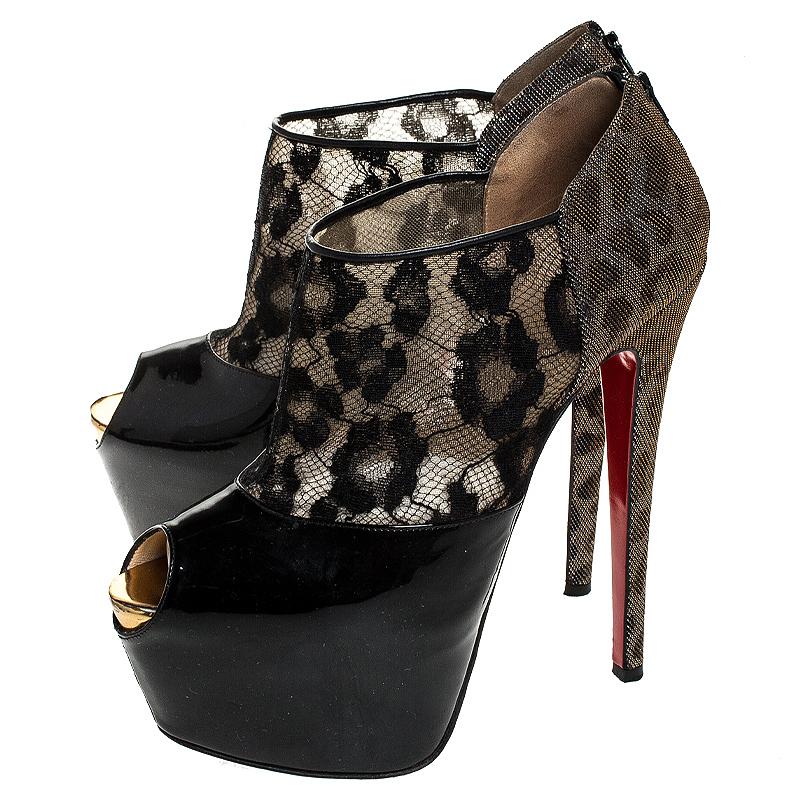 Christian Louboutin Black Leopard Print Lame Fabric/Lace Booties Size 39 1