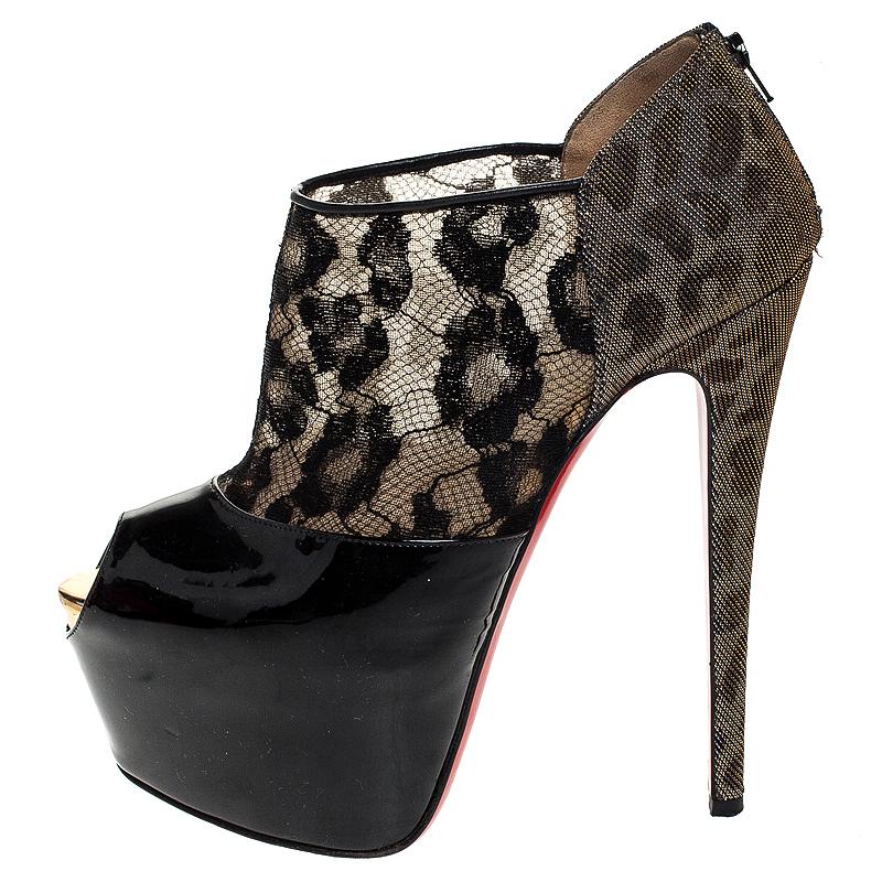 Christian Louboutin Black Leopard Print Lame Fabric/Lace Booties Size 39 3