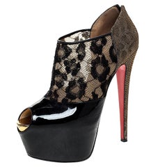 Christian Louboutin Black Leopard Print Lame Fabric/Lace Booties Size 39
