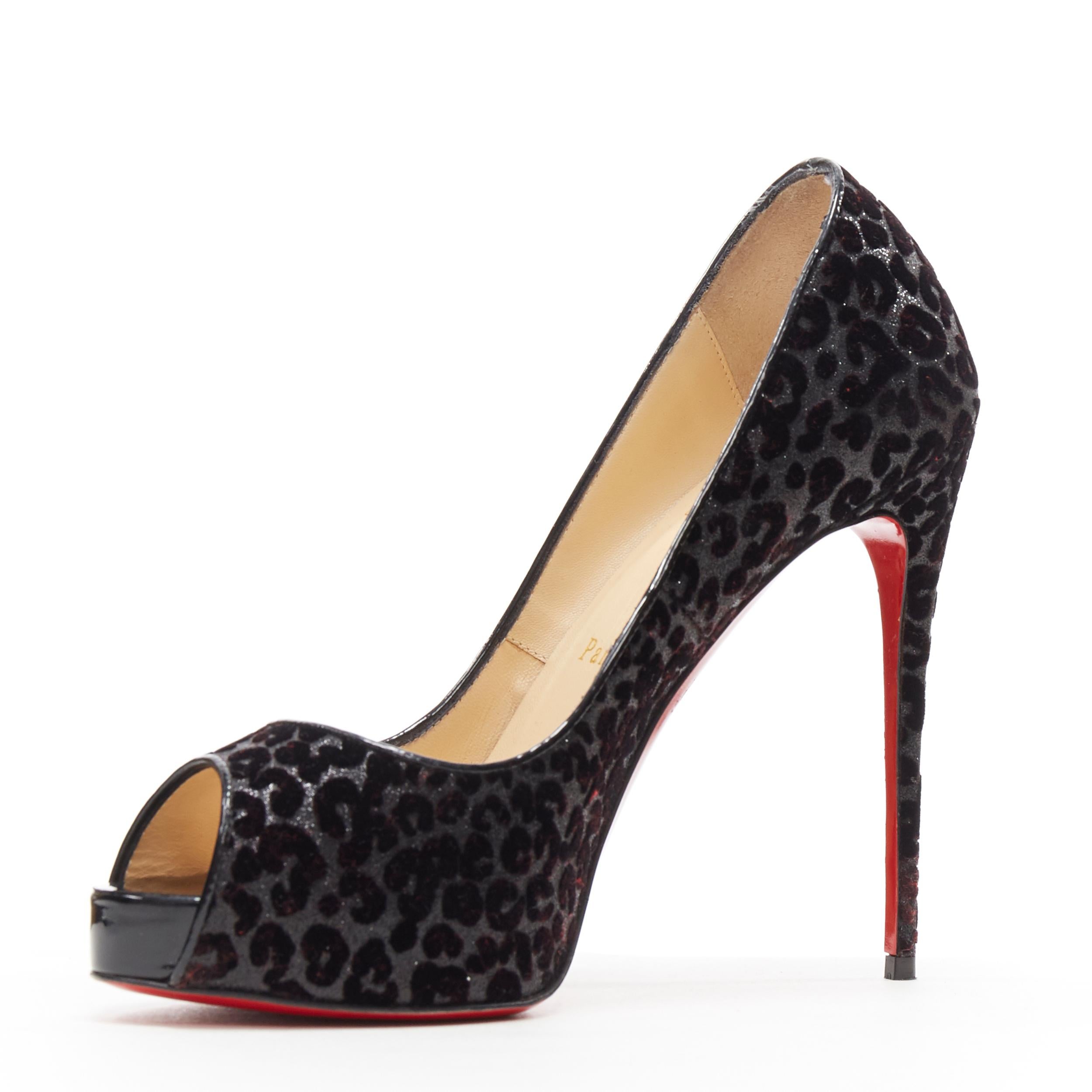 CHRISTIAN LOUBOUTIN black leopard velvet litter peep toe platform pump EU37 In Excellent Condition In Hong Kong, NT