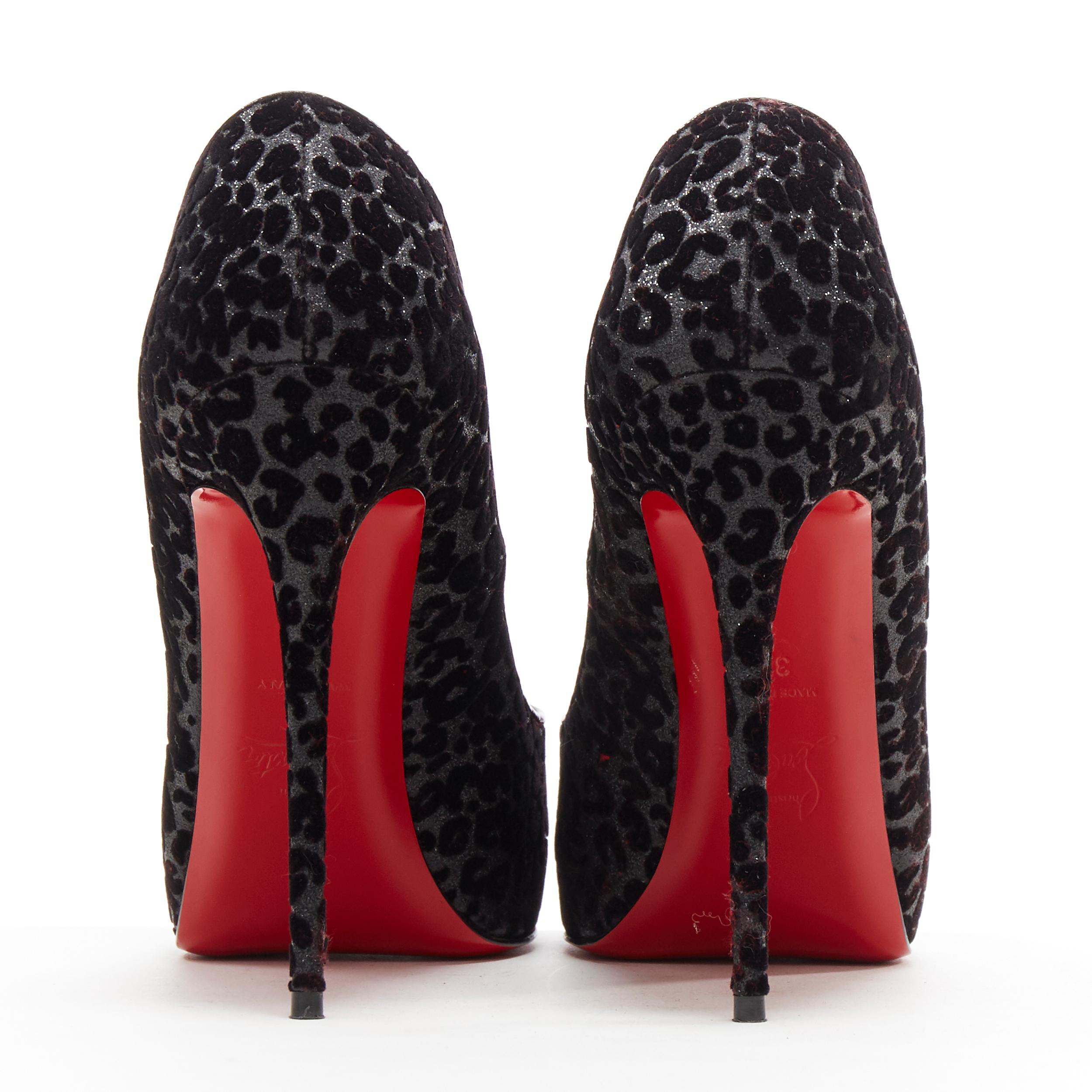 Women's CHRISTIAN LOUBOUTIN black leopard velvet litter peep toe platform pump EU37