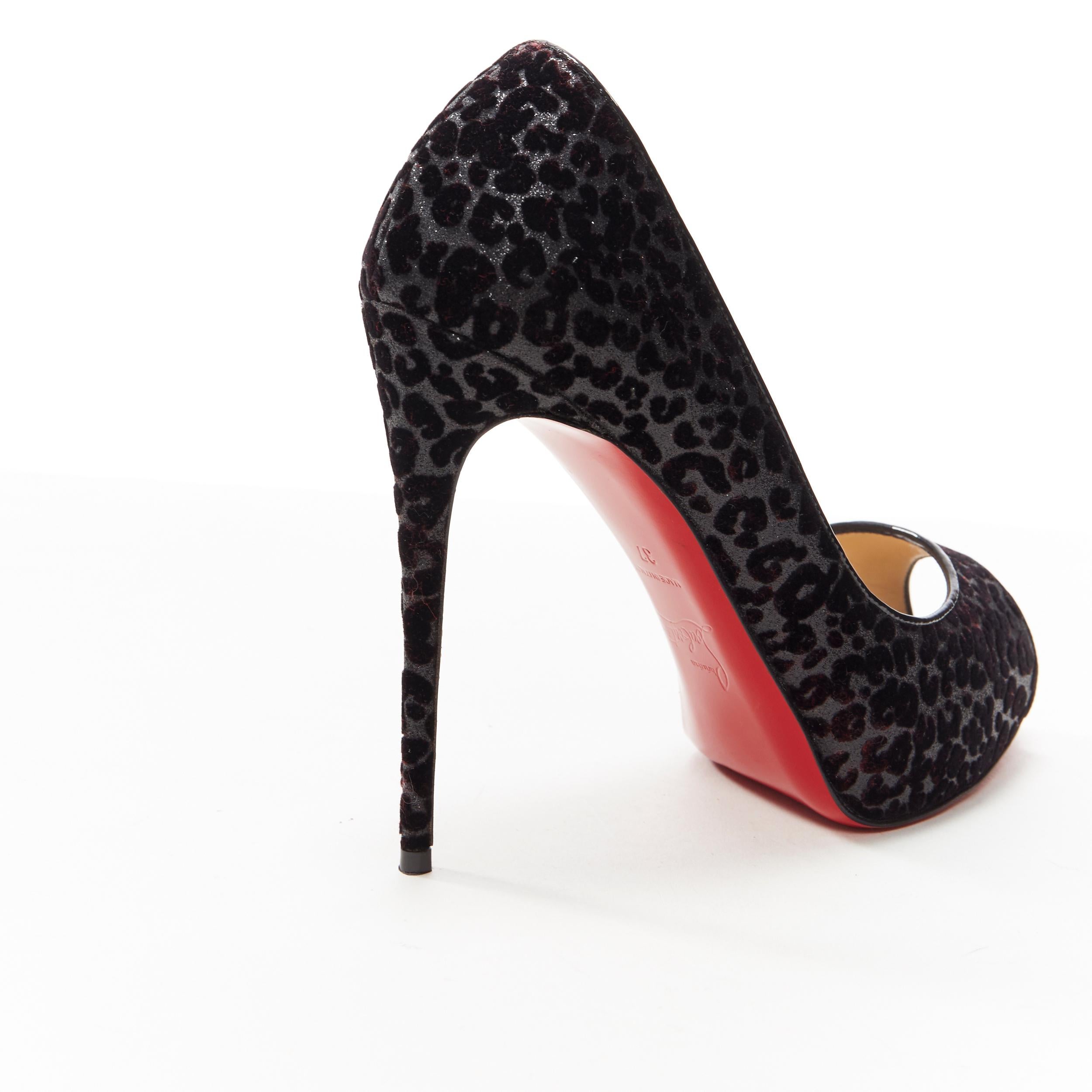 CHRISTIAN LOUBOUTIN black leopard velvet litter peep toe platform pump EU37 4