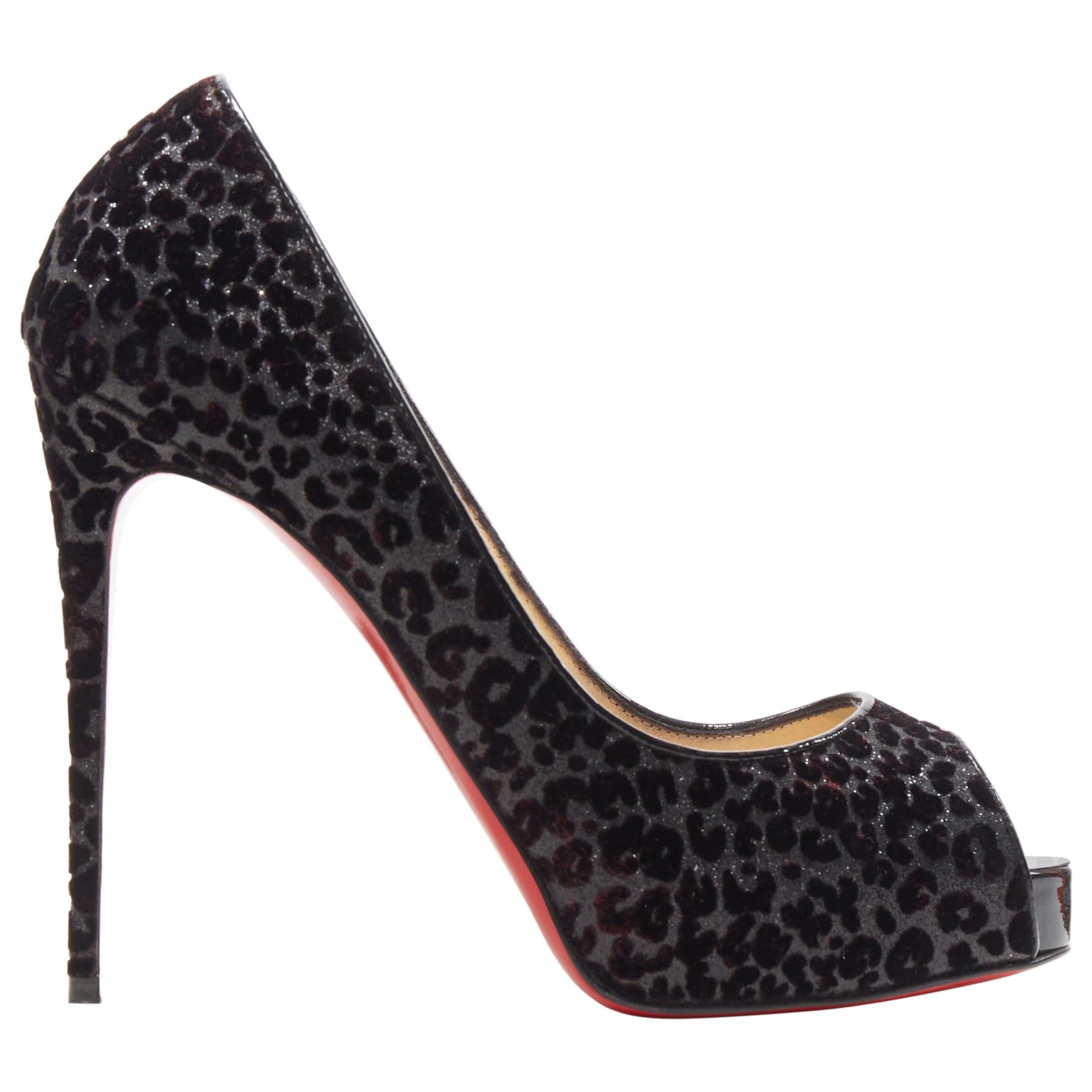 CHRISTIAN LOUBOUTIN black leopard velvet litter peep toe platform pump EU37