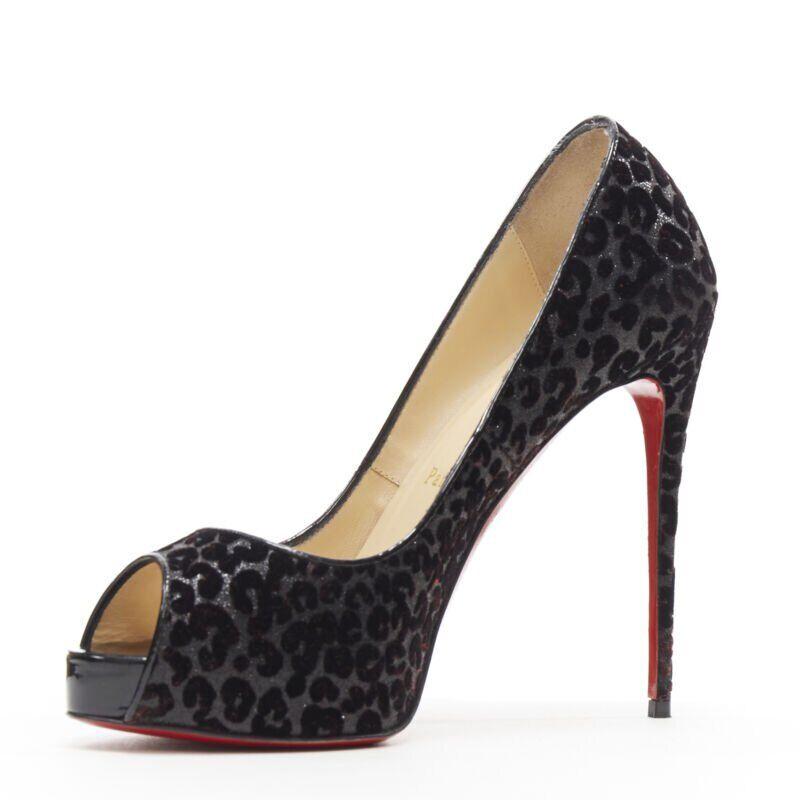 Women's CHRISTIAN LOUBOUTIN black leopard velvet litter peep toe platform pump EU37 US7 For Sale