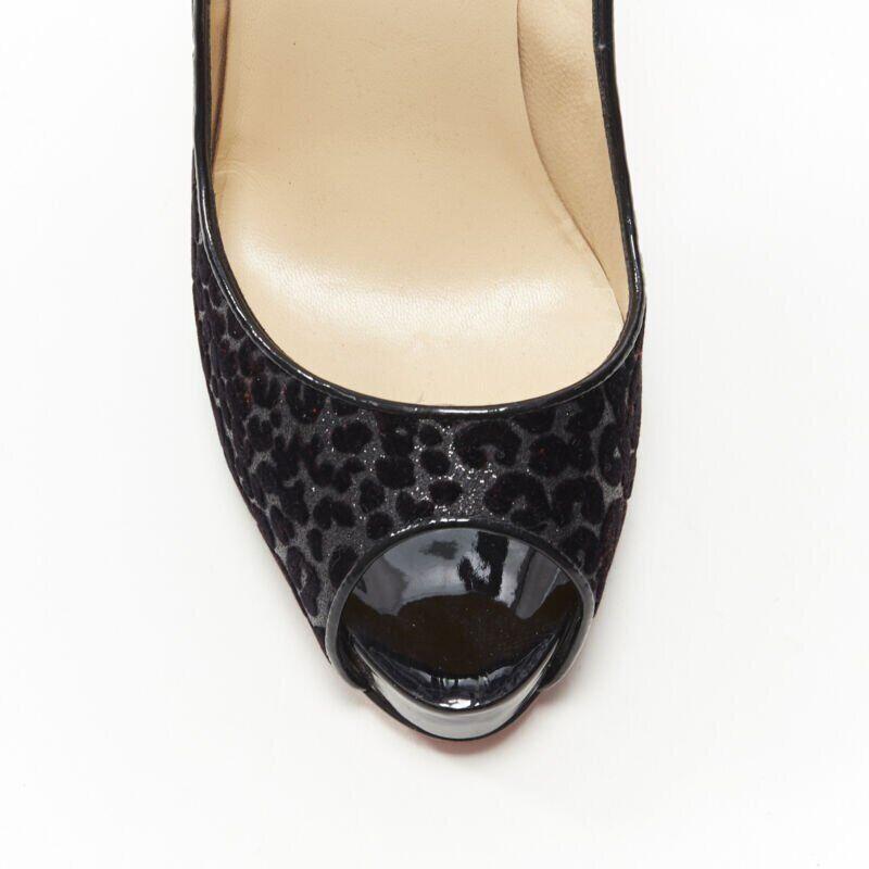 CHRISTIAN LOUBOUTIN black leopard velvet litter peep toe platform pump EU37 US7 For Sale 3