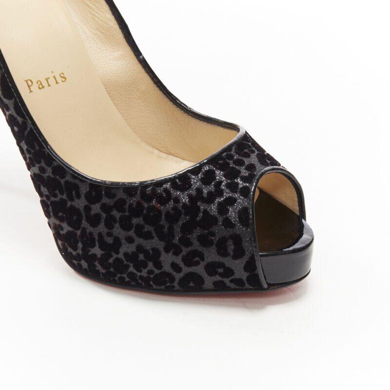 CHRISTIAN LOUBOUTIN black leopard velvet litter peep toe platform pump EU37 US7 For Sale 4