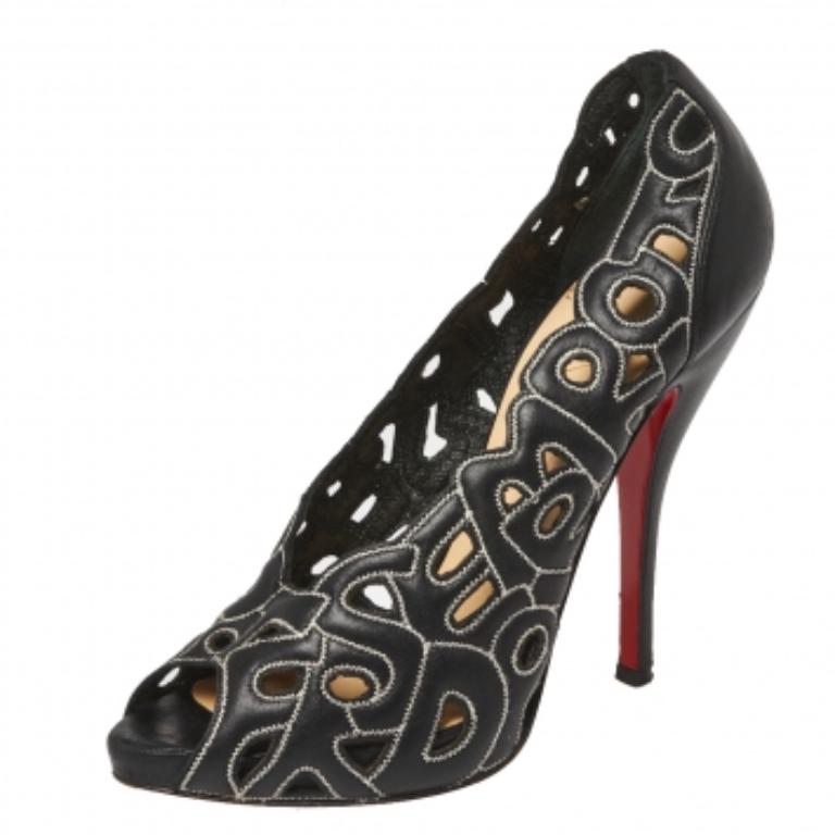Christian Louboutin Black Letter Leather Tell Me Cutout Pumps Size 36 For Sale 1