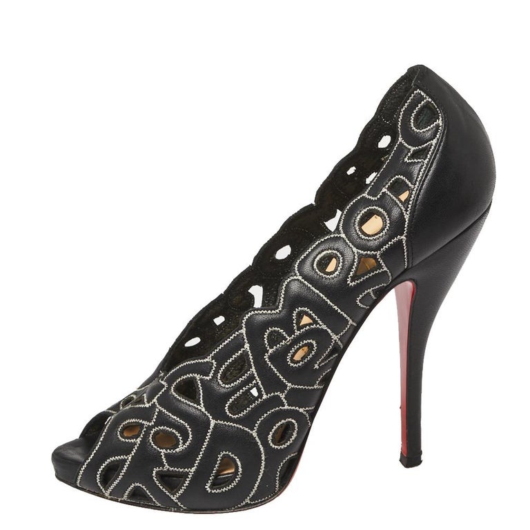 Christian Louboutin Black Letter Leather Tell Me Cutout Pumps Size 36