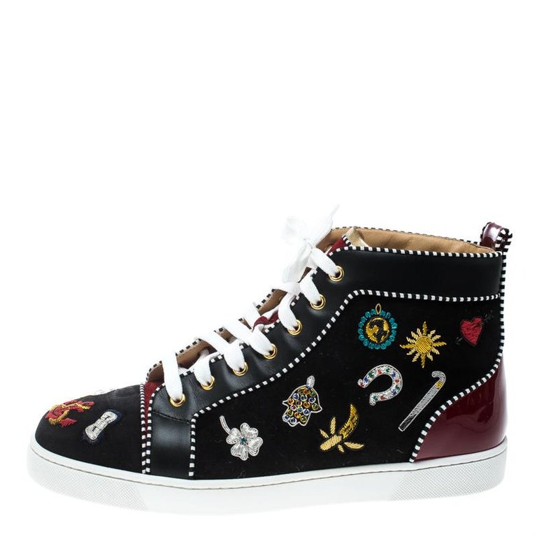 Christian Louboutin Black/Maroon Hand Embroidered High Top Sneakers ...