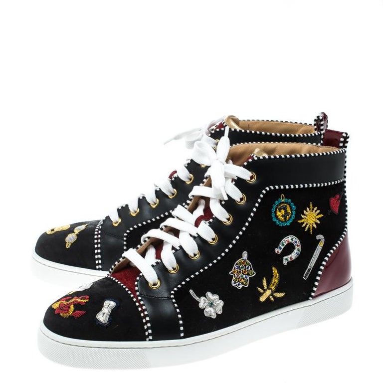 Christian Louboutin Black/Maroon Hand Embroidered High Top Sneakers ...